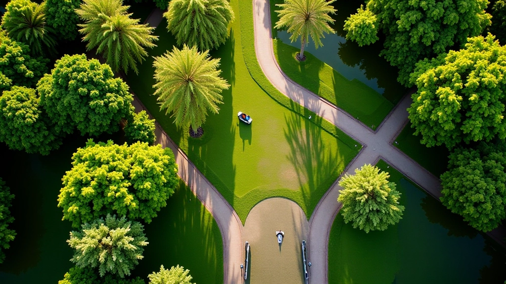 Aerial view van het Vondelpark met groen, water en wandelpaden zichtbaar, zonnig weer, serene sfeer
