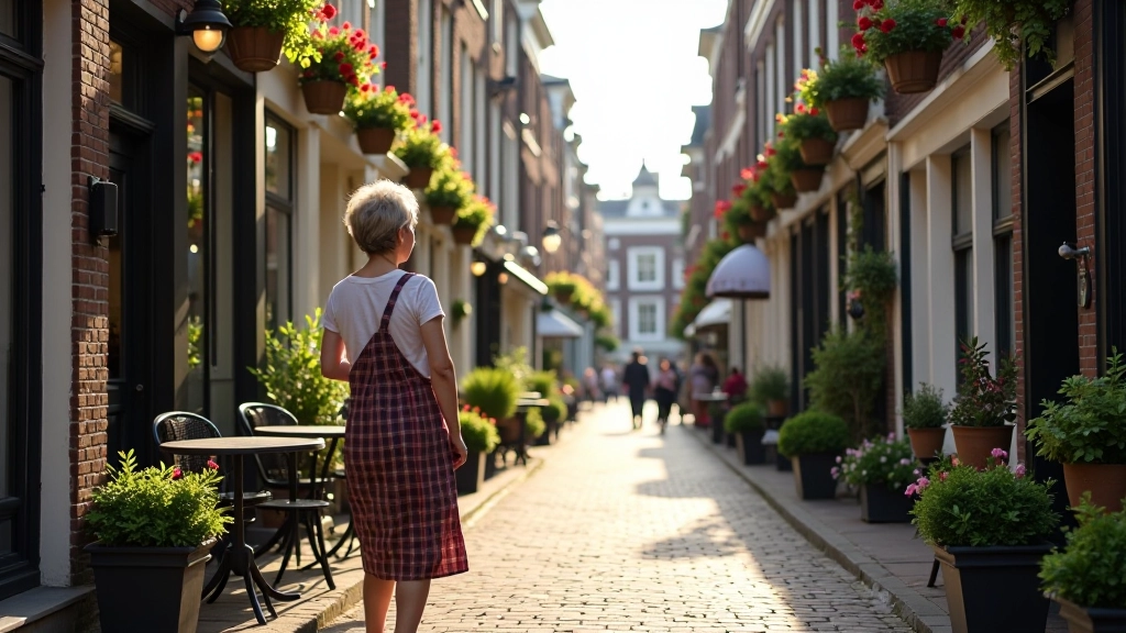 Kleine Amsterdamse straat met restaurantjes en winkels, bloemen in bakken, voetgangers, gezellige sfeer