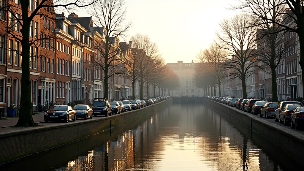 Grachtenhuizen langs waterkanaal in Amsterdam, klassieke Nederlandse architectuur, reflectie in water