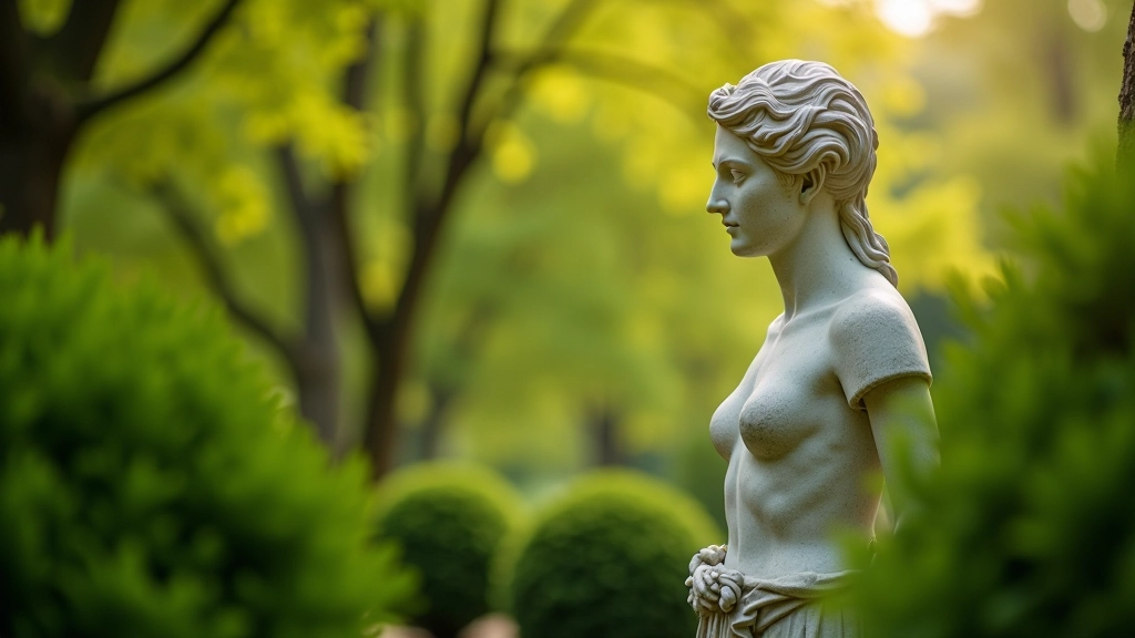 Kunstbeeldhouwwerk in park tussen groene struiken, klassieke sculptuur stijl, helder licht, parklandschap achtergrond