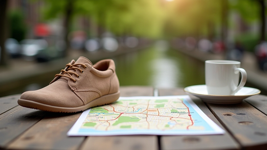 Close-up van comfortabele wandelschoenen naast een stadskaart van Amsterdam op een houten tafel