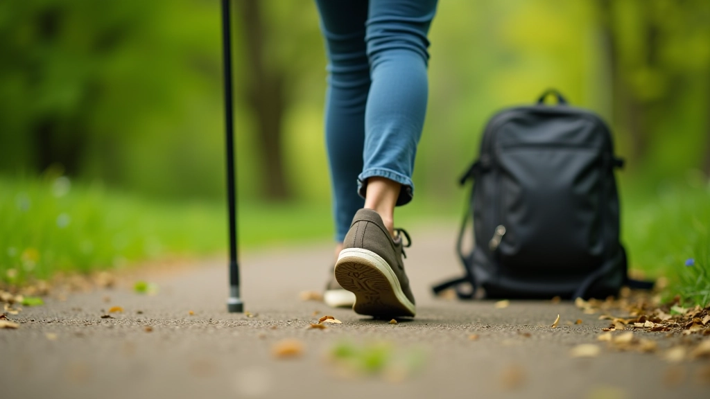 Voeten in wandelschoenen op comfort ondergrond, wandelstok en rugzak, groene parkachtergrond