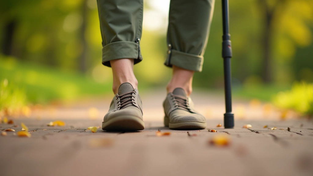 Voeten van wandelaar in comfortabele schoenen op parkpad, wandelstok in hand, rustig pad met bladeren