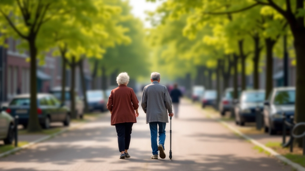 Gepensioneerde vrouw wandelt met comfort op een zonnige Amsterdamse straat met grachten op de achtergrond