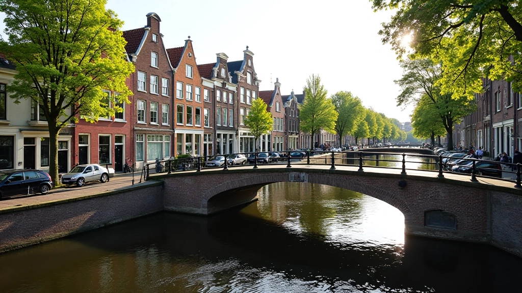 Grachtenhuizen Amsterdam, historische architectuur, gracht met reflectie, bruggetje
