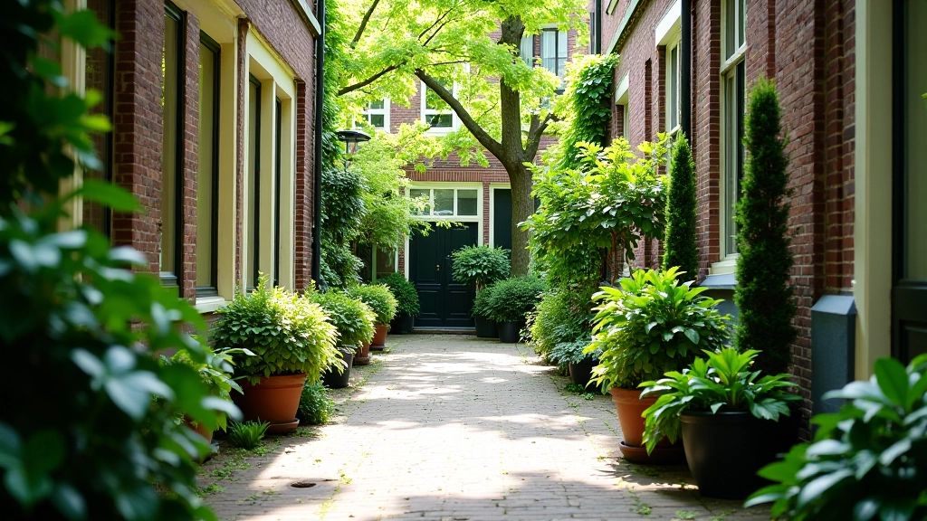 Rustige binnenplaats verscholen achter een grachtenhuisje met groene plantenbakken