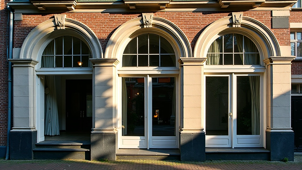 Historische gevels van grachtenpanden met grote ramen en decoratieve elementen