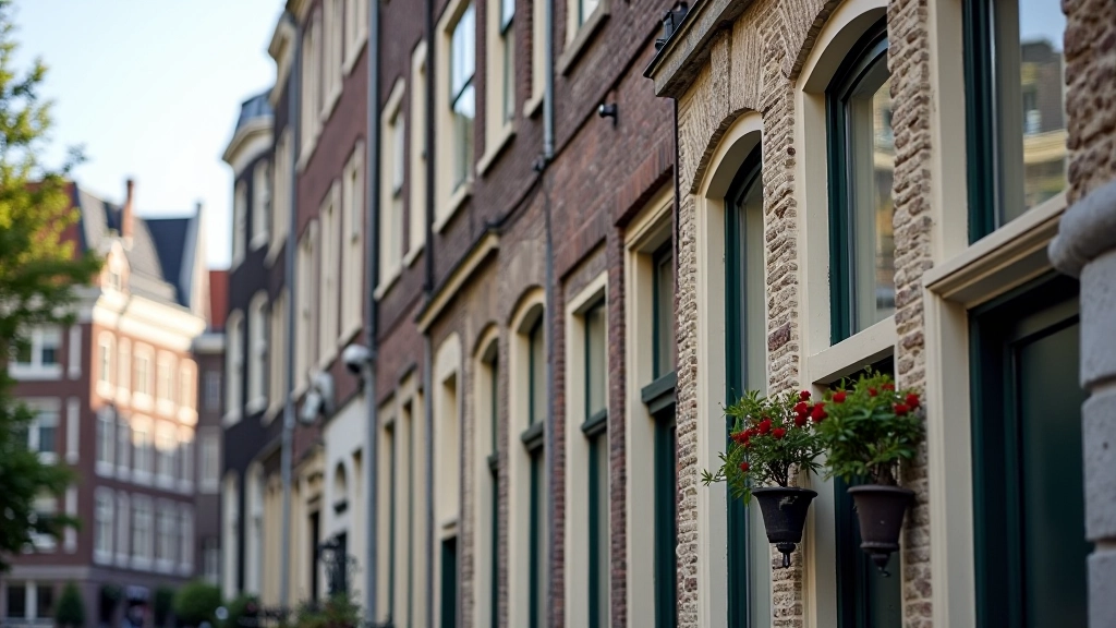 Close-up van historische gevelstenen aan Amsterdamse grachtenpanden, met decoratieve elementen zichtbaar in het detail
