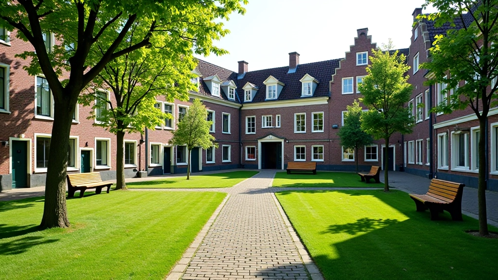 Begijnhof plein met historische gevelstenen, groen binnenplein, rustige sfeer, oudere bezoekers op bankjes