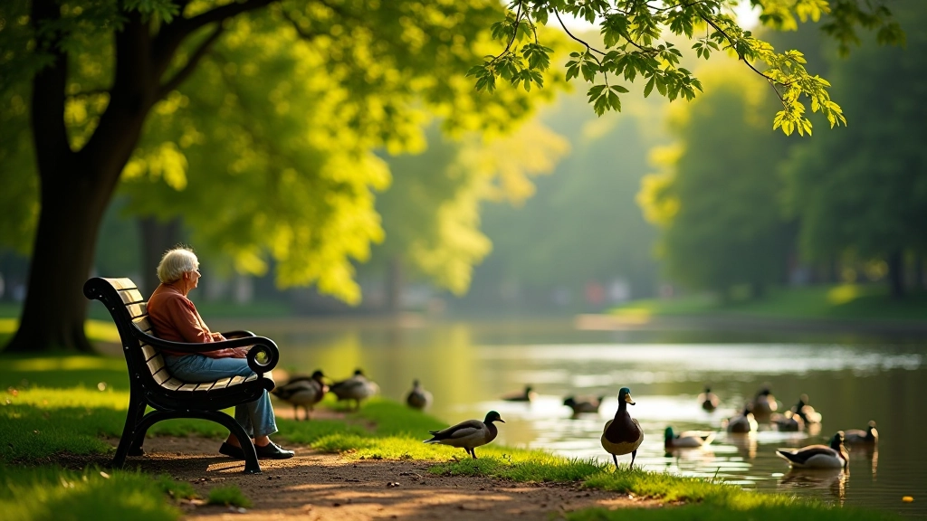 Bankje aan het water in het Vondelpark met eenden, groene omgeving, rust en vrede, helder daglicht, scherpe focus