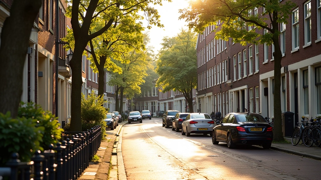 Rustig straathoekje in Amsterdam met oude gevels, geen toeristen, lokale sfeer, warm natuurlijk licht