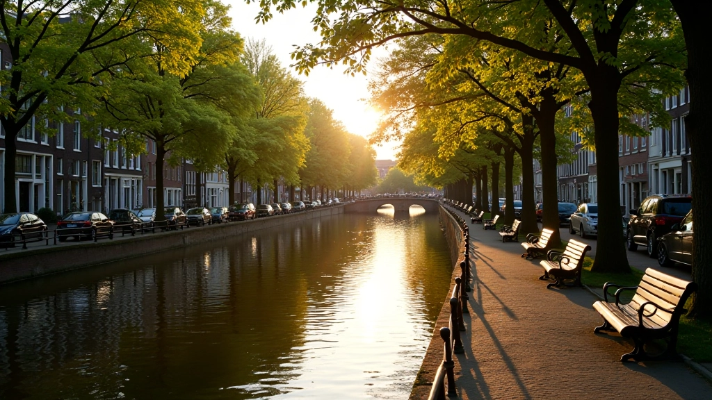 Prachtige gracht met bomen, rustig water, bankjes langs kant, oudere wandelaars