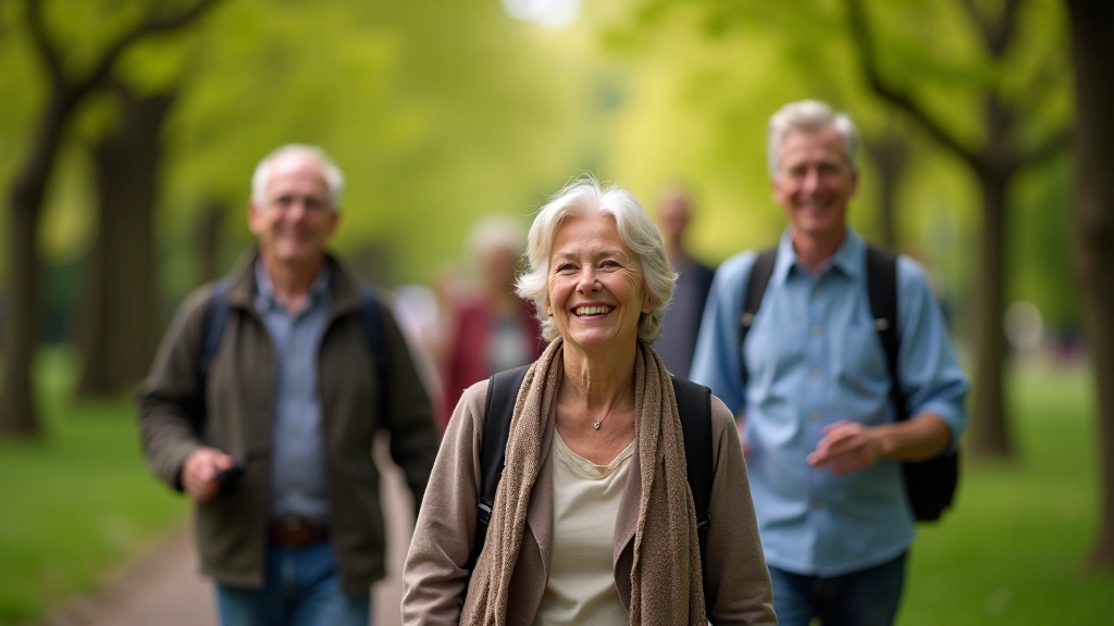 Groep ouderen wandelt door het Vondelpark op een zonnige ochtend, genieten van de natuur en het gezelschap