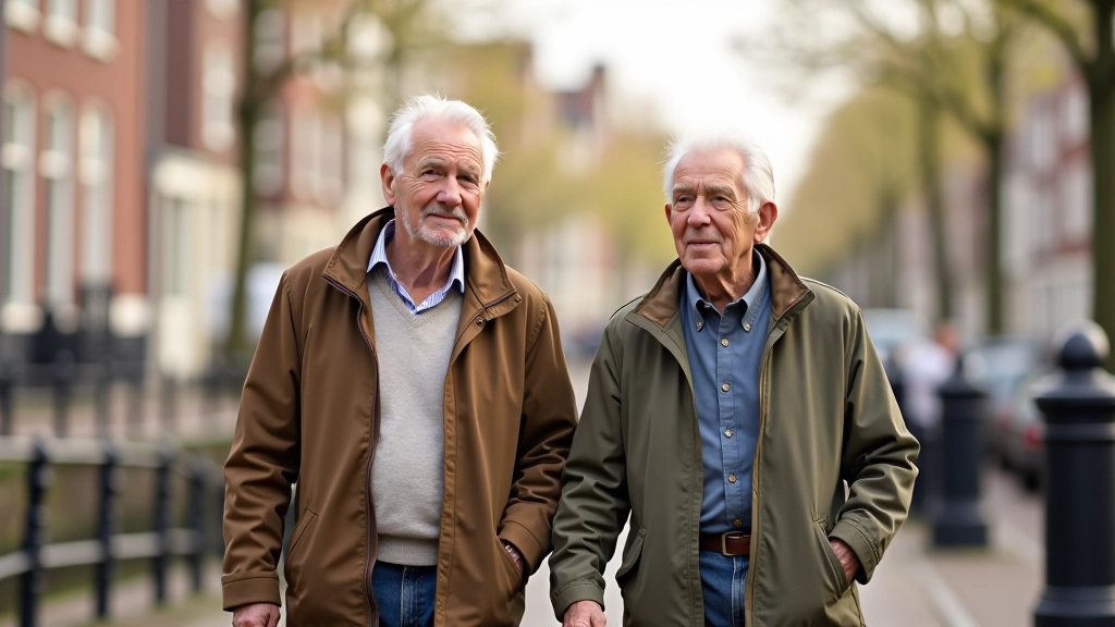 Senioren wandelen langs grachtengordel in Amsterdam met gevelstenen op achtergrond