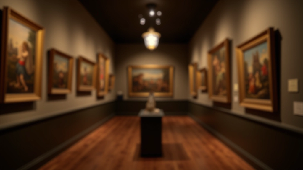 Klein museum interieur met kunstwerken, historische voorwerpen, gezellige verlichting, weinig bezoekers