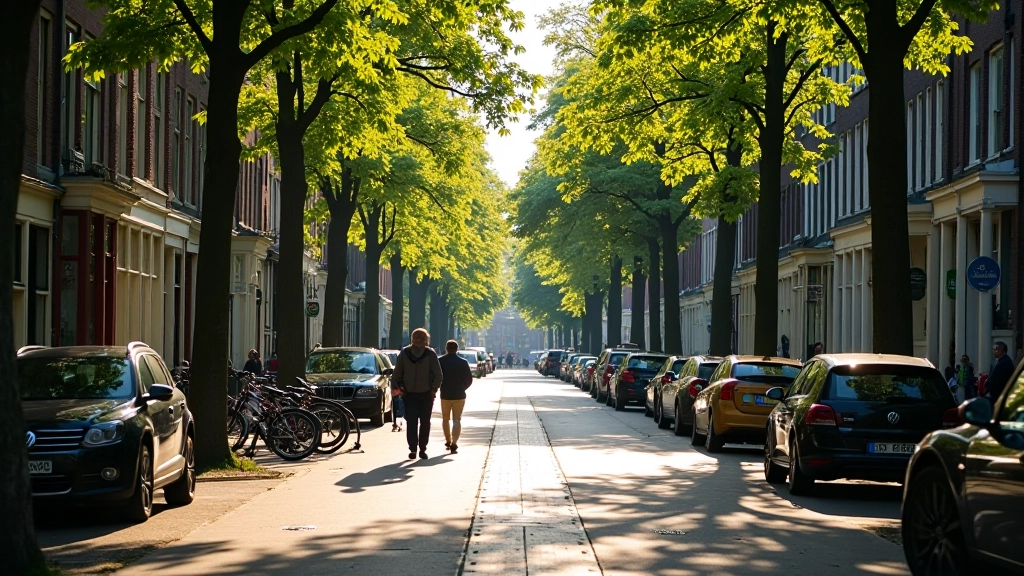 Stille Amsterdamse straat met historische gevelstenen en bloembakken, weinig toeristen, zonnig licht op gracht