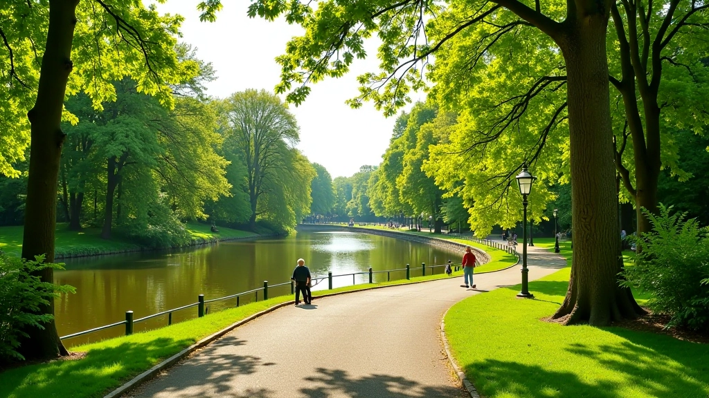 Vogelzicht op het Vondelpark met groene bomen, wandelpaden en waterkanaal, zonnig weer, scherpe focus