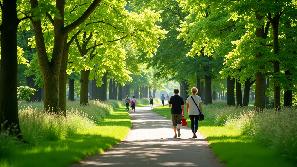 Vondelpark met groene weiden, kunstwerk en wandelaars op een zonnige dag
