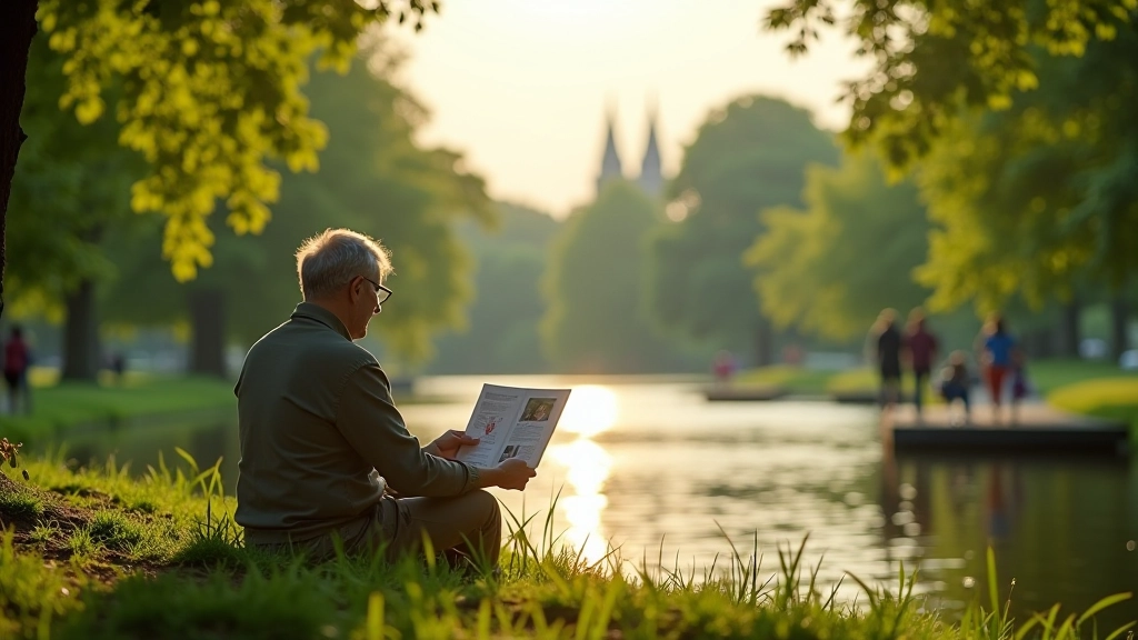 Wandelrugzak met water, zonnebril en kaart op een bankje met uitzicht op Grachtengordel